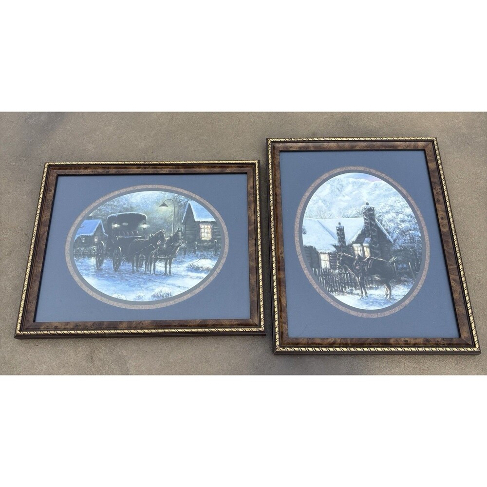 2 Vtg Homco Home Interiors Western Cowboy Log Cabin Winter Horse Buggy Prints